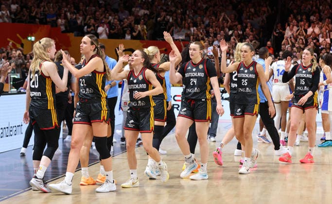 German team disappointed after the game Disappointment Sports Basketball FIBA World Cup Women s World Championship Semifinals 2026–2027 season December 9, 2026 France (FRA) vs. DBB Germany (GER)