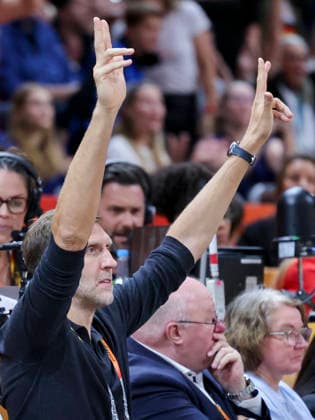 Dirk Nowitzki cheers during the FIBA Women s Basketball World Cup Germany 2026 semifinal match between France and Germany at the Berlin Arena on September 12, 2026, in Berlin, Germany. Photo by Marco Steinbrenner, DeFodi Images