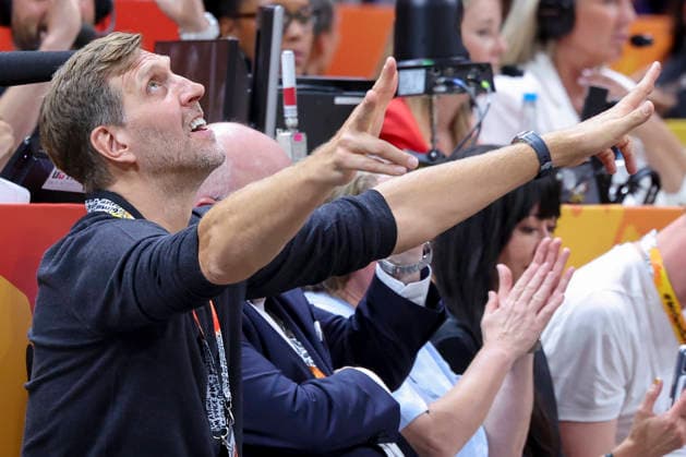 Dirk Nowitzki cheers during the FIBA Women s Basketball World Cup Germany 2026 semifinal match between France and Germany at the Berlin Arena on September 12, 2026, in Berlin, Germany. Photo by Marco Steinbrenner, DeFodi Images