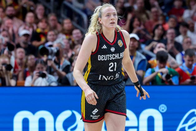 Marie Guelich of Germany watches the FIBA Women s Basketball World Cup Germany 2026 semifinal match between France and Germany at the Berlin Arena on September 12, 2026, in Berlin, Germany. Photo by Marco Steinbrenner, DeFodi Images