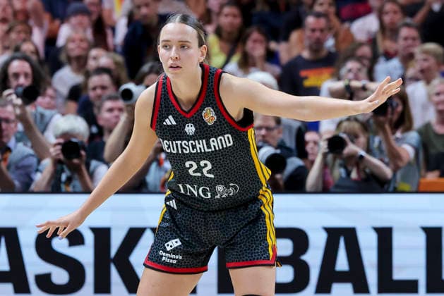 Emily Bessoir of Germany gestures during the FIBA Women s Basketball World Cup Germany 2026 semifinal match between France and Germany at the Berlin Arena on September 12, 2026, in Berlin, Germany. Photo by Marco Steinbrenner, DeFodi Images