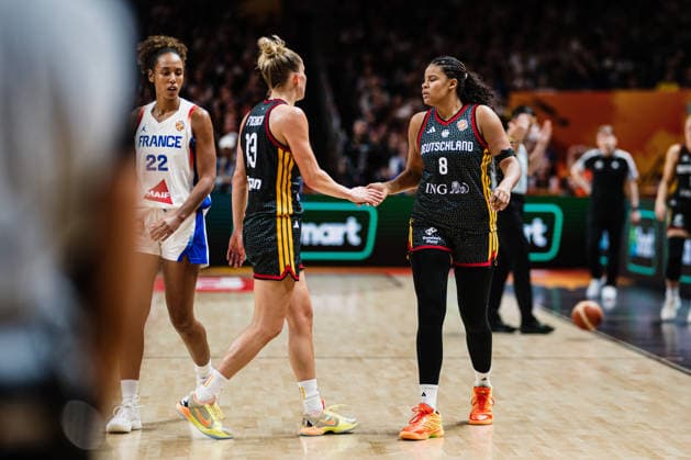 FIBA Women’s Basketball World Cup 2026: France vs. Germany, September 12, 2026—Leonie Fiebich (Germany), No. 13; Nyara Sabally (Germany), No. 8—high-fiving after a basketball game, FIBA Women’s Basketball World Cup 2026, Final Phase, Semifinal: France vs. Germany on September 12, 2026, at the Uber Arena, Berlin Copyright: xBEAUTIFULxSPORTS Tonhäuserx