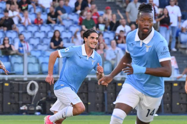 Foto IPP Luciano Adriani Roma 12 09 2026 Campionato di calcio Serie A Tim 2026-20267 Lazio vs Milan Nella foto:L’ esultanza di Matteo Cancellieri, dopo il gol realizzato e Tijjani Noslin a destra Italy Photo Press - World Copyright Roma italy Italia ITALY  Copyright: xR4924_italyphotopressx