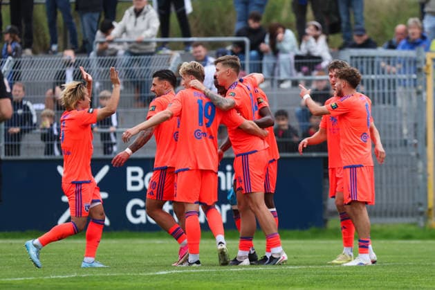 September 12, 2026, Soccer, Men s, Regionalliga Nord, Matchday 8, BSV Kickers Emden vs. SSV Jeddeloh II. Celebration of the 1-0 goal by Luc Ihorst (orange, No. 14), BSV Kickers Emden