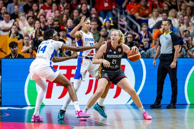 Basketball Berlin, September 12, 2026 FIBA Women’s Basketball World Cup Germany 2026 Semifinal France (FRA) vs. Germany (GER) Marie Gülich, Germany, No. 21 Gulich SALAUN Janelle, France, No. 13 MALONGA Dominique, France, No. 14