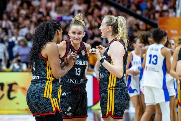 Basketball Berlin September 12, 2026 FIBA Women’s Basketball World Cup Germany 2026 Semifinal France FRA Germany GER loss Marie Gülich Germany, No. 21 Gülich (right) Nyara Sabally (Germany, No. 08) Leonie Fiebich (Germany, No. 13)