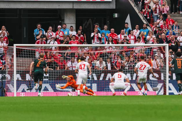 12.09.2026, xjmrgnx, Fussball 1.Bundesliga, 1.FC Koeln - SV Werder Bremen v.l. Karl Hein (1, Bremen) hält den Elfmeter von Thijs Dallinga (27, Koeln) (DFL DFB REGULATIONS PROHIBIT ANY USE OF PHOTOGRAPHS as IMAGE SEQUENCES and or QUASI-VIDEO) Koeln *** September 12, 2026, xjmrgnx, Soccer, Bundesliga 1, 1 FC Cologne vs. SV Werder Bremen: Karl Hein 1, Bremen saves Thijs Dallinga’s penalty kick in the 27th minute, Cologne. DFL and DFB regulations prohibit any use of photographs as image sequences and or quasi-video. Cologne