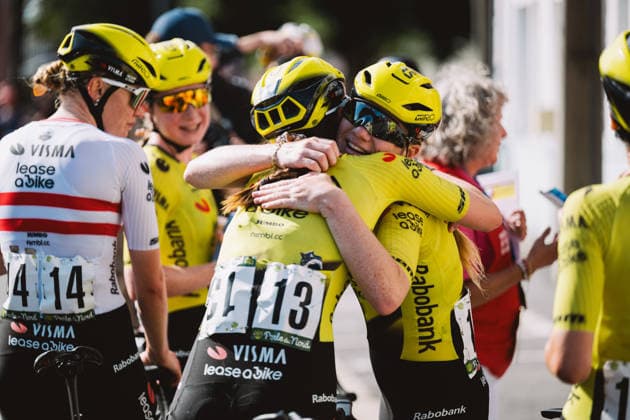 A Travers Les Hauts-de-France, Finishline Of 4th Edition Nienke Veenhoven of the Netherlands and Visma-Lease a Bike celebrates her victory in the A Travers les Hauts-de-France (UCI WE 1.1) race with teammate Maud Oudeman of France after the finish line. Ecourt-Saint-Quentin France  Copyright: xGautierxDemouveauxx originalFilename:demouveaux-notitle260912_npfRs.jpg