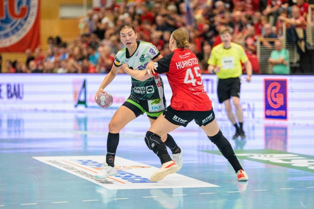Haruno Sasaki, Frisch Auf Göppingen, 32; Jolina Huhnstock, Thuringer HC, 45 GER; Thuringer HC vs. FRISCH AUF Göppingen, Handball, Alsco Women s Handball Bundesliga, 2026–2027 Season, Matchday 3, Saturday, 6:00 p.m., September 12, 2026 GER, Thueringer HC vs. FRISCH AUF Göppingen, Handball, Alsco Women’s Handball Bundesliga, 2026–2027 season, Matchday 3, Saturday, 6:00 p.m., September 12, 2026, Bad Langensalza Copyright: xMartinxHerbstx