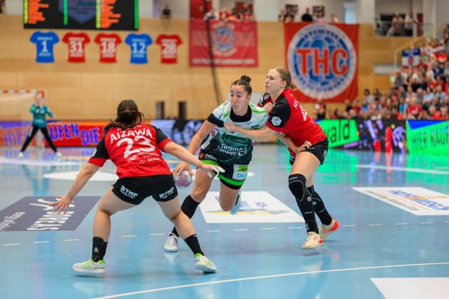 Stephanie Elies, Frisch Auf Göppingen, 63; Natsuki Aizawa, Thuringer HC, 23; Jolina Huhnstock, Thuringer HC, 45 (GER), Thuringer HC vs. FRISCH AUF Göppingen, Handball, Alsco Women’s Handball Bundesliga, 2026–2027 season, Matchday 3, Saturday, 6:00 p.m., September 12, 2026 GER, Thuringer HC vs. FRISCH AUF Göppingen, Handball, Alsco Women’s Handball Bundesliga, 2026–2027 Season, Matchday 3, Saturday, 6:00 p.m., September 12, 2026, Bad Langensalza Copyright: xMartinxHerbstx