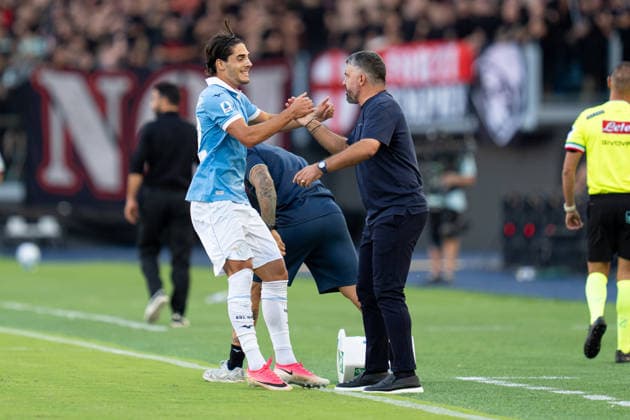 SS Lazio v AC Milan - Serie A Enilive Matteo Cancellieri of SS Lazio celebrates with Gennaro Gattuso after scoring first goal during the Serie A Enilive match between SS Lazio and AC Milan at Olympic Stadium on September 12, 2026 in Rome, Italy Rome Olympic Stadium Lazio Italy Copyright: xGiuseppexMaffiax 20260912_181203_SerieA_Lazio-Milan_LIA07666