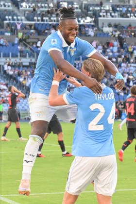 Foto IPP Luciano Adriani Roma 12 09 2026 Campionato di calcio Serie A Tim 2026-20267 Lazio vs Milan Nella foto: l’ esultanza di Tijjani Noslin con Kenneth Taylor, i due autori delle reti Italy Photo Press - World Copyright Roma italy Italia ITALY  Copyright: xR4924_italyphotopressx