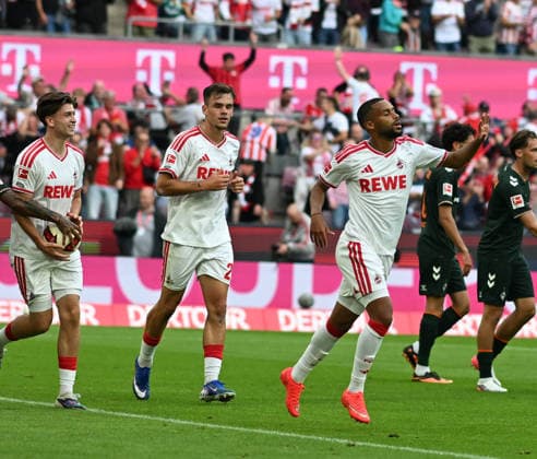 12.09.2026, xophax, Fussball 1.Bundesliga, 1.FC Koeln - SV Werder Bremen . Nach dem 1 zu 0 für den 1.FC Köln : v.l.n.rechts : Mikey Moore , Thijs Dallinga und Torschütze Linton Maina ( alle 1.FC Köln ) (DFL DFB REGULATIONS PROHIBIT ANY USE OF PHOTOGRAPHS as IMAGE SEQUENCES and or QUASI-VIDEO) Koeln *** September 12, 2026, xophax, Soccer, Bundesliga 1, 1. FC Köln vs. SV Werder Bremen. After 1. FC Köln s 1-0 victory, from left to right: Mikey Moore, Thijs Dallinga, and goal scorer Linton Maina—all of 1 FC Köln. DFL and DFB regulations prohibit any use of photographs as image sequences and or quasi-video. Cologne