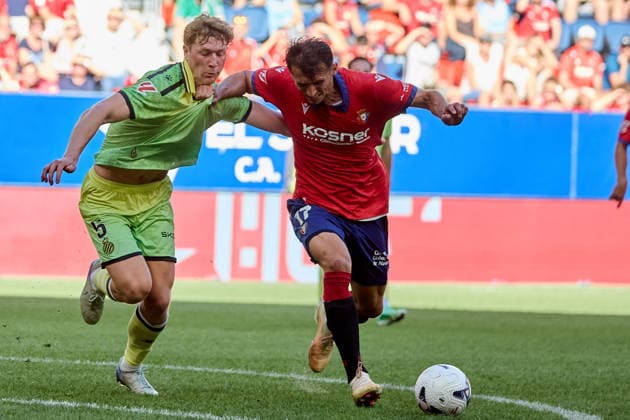 LaLiga EA Sports 2026–27 CA Osasuna vs. RCD Espanyol: Ante Budimir (17, OSA) battles for the ball with Clemens Riedel (5, ESP) during the LaLiga EA Sports match between CA Osasuna and RCD Espanyol played at El Sadar in Pamplona. Credit: Inigo Alzugaray, LOF Agency, Pamplona LaLiga EA Sports 2026–27 CA Osasuna vs. RCD Espanyol Copyright: xCredit:xInigoxAlzugarayx xAgencix