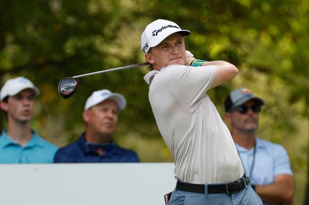 FRANKLIN, TN - SEPTEMBER 12: Sandy Scott watches his tee shot on No. 8 during the third round of the Simmons Bank Open for the Snedeker Foundation, September 12, 2026, at Vanderbilt Legends Club in Franklin, Tennessee. (Photo by Matthew Maxey Icon Sportswire) GOLF: SEP 12 Korn Ferry Tour Simmons Bank Open EDITORIAL USE ONLY Icon260912008