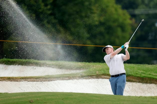 FRANKLIN, TN - SEPTEMBER 12: Sandy Scott hits from a fairway bunker on No. 8 during the third round of the Simmons Bank Open for the Snedeker Foundation, September 12, 2026, at Vanderbilt Legends Club in Franklin, Tennessee. (Photo by Matthew Maxey Icon Sportswire) GOLF: SEP 12 Korn Ferry Tour Simmons Bank Open EDITORIAL USE ONLY Icon260912010