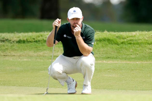 FRANKLIN, TN - SEPTEMBER 12: Will Cannon closes his eyes as he prepares to read a putt on No. 8 during the third round of the Simmons Bank Open for the Snedeker Foundation, September 12, 2026, at Vanderbilt Legends Club in Franklin, Tennessee. (Photo by Matthew Maxey Icon Sportswire) GOLF: SEP 12 Korn Ferry Tour Simmons Bank Open EDITORIAL USE ONLY Icon260912011