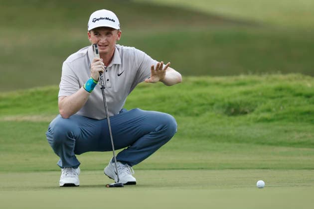 FRANKLIN, TN - SEPTEMBER 12: Sandy Scott talks with his caddie as he reads a putt on No. 9 during the third round of the Simmons Bank Open for the Snedeker Foundation, September 12, 2026, at Vanderbilt Legends Club in Franklin, Tennessee. (Photo by Matthew Maxey Icon Sportswire) GOLF: SEP 12 Korn Ferry Tour Simmons Bank Open EDITORIAL USE ONLY Icon260912014