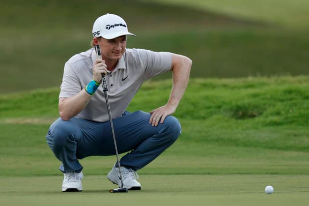 FRANKLIN, TN - SEPTEMBER 12: Sandy Scott squats to read a putt on No. 9 during the third round of the Simmons Bank Open for the Snedeker Foundation, September 12, 2026, at Vanderbilt Legends Club in Franklin, Tennessee. (Photo by Matthew Maxey Icon Sportswire) GOLF: SEP 12 Korn Ferry Tour Simmons Bank Open EDITORIAL USE ONLY Icon260912015