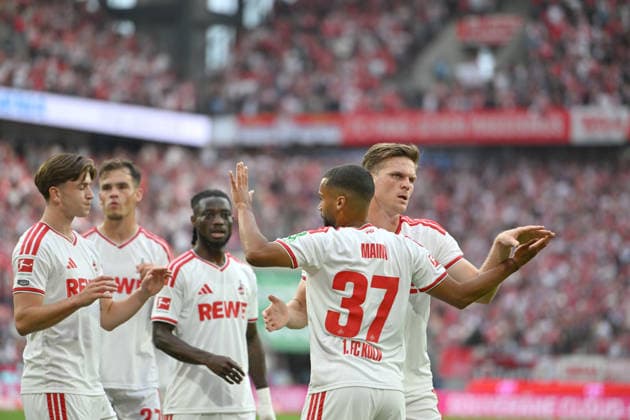 Jubel Linton Maina (1. FC Köln) nach seinem Tor zum 1:0, (l-r) Mikey Moore (1. FC Köln), Thijs Dallinga (1. FC Köln), Gideon Mensah (1. FC Köln), Linton Maina (1. FC Köln), Marius Buelter (1. FC Köln). Fussball 1. Bundesliga, 3.Spieltag, 1. FC Koeln - SV Werder Bremen, am 12.09.2026 in Koeln Deutschland. DFL regulations prohibit any use of photographs as image sequences and or quasi-video Â *** Linton Maina of 1. FC Köln celebrates after scoring the 1-0 goal; from left to right: Mikey Moore of 1. FC Köln, Thijs Dallinga of 1. FC Köln, Gideon Mensah of 1. FC Köln, Linton Maina of 1. FC Köln, Marius Buelter of 1. FC Köln. Soccer, Bundesliga, Matchday 3, 1. FC Köln vs. SV Werder Bremen, on September 12, 2026, in Cologne, Germany. DFL regulations prohibit any use of photographs as image sequences and or quasi-video.