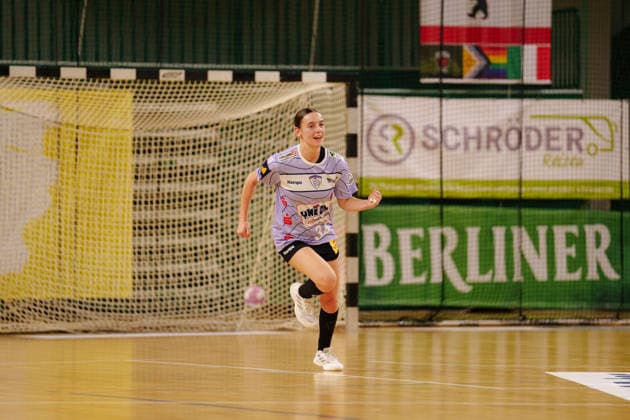 2 Alsco Women s Handball Bundesliga, Matchday 3: Füchse Berlin vs. Rostocker Handball Club. Patrycja Drewnik of the Rostocker Handball Club, 34, celebrates after scoring a goal on September 12, 2026, at the Charlottenburg Sports Hall in Berlin, Germany.