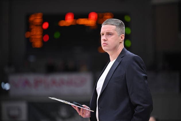 BG Göttingen vs. SYNTAINICS MBC, September 12, 2026, Göttingen Basketball BBL Cup, BG Göttingen vs. SYNTAINICS MBC, Round 1, Sparkassen Arena; Head Coach Martins Gulbis of BG Göttingen stands on the sidelines in Göttingen, Lower Saxony, Germany