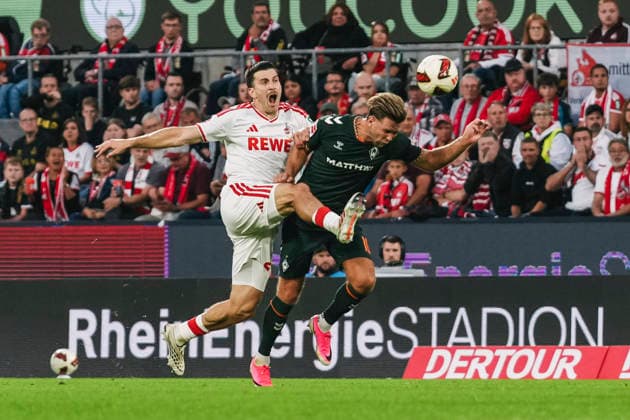 12.09.2026, xjmrgnx, Fussball 1.Bundesliga, 1.FC Koeln - SV Werder Bremen v.l. Zweikampf zwischen Luka Lochoshvili (24, Koeln) und Niclas Füllkrug (10, Bremen) (DFL DFB REGULATIONS PROHIBIT ANY USE OF PHOTOGRAPHS as IMAGE SEQUENCES and or QUASI-VIDEO) Koeln *** September 12, 2026, xjmrgnx, Soccer, Bundesliga 1, 1 FC Cologne vs. SV Werder Bremen: A tackle between Luka Lochoshvili (24), Cologne, and Niclas Füllkrug (10), Bremen. DFL and DFB regulations prohibit any use of photographs as image sequences and or quasi-video. Cologne