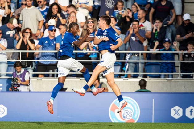 FOOTBALL: RC Strasbourg Alsace v AS Monaco Matchday 4 Ligue 1 McDonald s - 12 09 2026 Joie des joueurs de l equipe de apres le but de Racing Strasbourg StrasbourgFrance  Copyright: xx