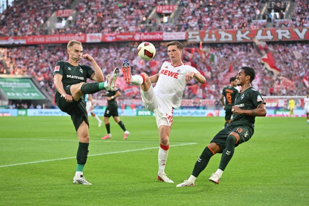 (l-r) Amos Pieper (Werder Bremen), Marius Buelter (1. FC Köln), Arthur (Koeln), Aktion, Zweikampf. Fussball 1. Bundesliga, 3.Spieltag, 1. FC Koeln - SV Werder Bremen, am 12.09.2026 in Koeln Deutschland. DFL regulations prohibit any use of photographs as image sequences and or quasi-video Â *** l r Amos Pieper, Werder Bremen; Marius Buelter, 1. FC Köln; Arthur, Köln; Action, Tackle; Soccer, Bundesliga 1, Matchday 3, 1. FC Köln vs. SV Werder Bremen, on September 12, 2026, in Cologne, Germany. DFL regulations prohibit any use of photographs as image sequences and or quasi-video.