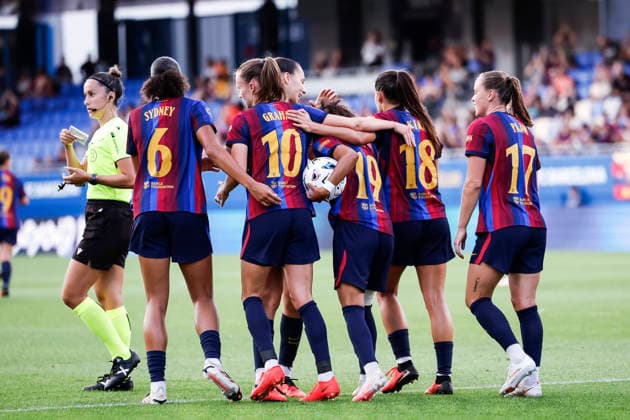 September 12, 2026, Sant Joan Despi, Barcelona, Spain: Vicky Lopez of FC Barcelona, Barca celebrates a goal with teammates during the Spanish Women league, Liga F, football match played between FC Barcelona and Atletico de Madrid at Johan Cruyff Stadium on September 12, 2026 in Sant Joan Despi, Barcelona. Sant Joan Despi Spain - ZUMAa181 20260912_zaa_a181_217 Copyright: xJavierxBorregox