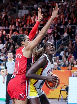 Napheesa Collier of the U.S. and Awa Fam of Spain battle for the ball during the FIBA Women s Basketball World Cup Germany 2026 semifinal match between Spain and the United States at Berlin Arena on September 12, 2026, in Berlin, Germany. Photo by Marco Steinbrenner, DeFodi Images