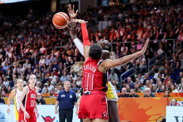 Napheesa Collier of the U.S. and Awa Fam of Spain battle for the ball during the FIBA Women s Basketball World Cup Germany 2026 semifinal match between Spain and the United States at Berlin Arena on September 12, 2026, in Berlin, Germany. Photo by Marco Steinbrenner, DeFodi Images