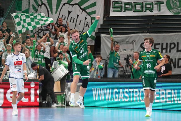 Handball, HBL2: SC DHfK Leipzig vs. VfL Lübeck Schwartau, September 12, 2026. Franz Semper 32; SC DHfK Leipzig jumps for joy after scoring a goal. Emotions. Handball, 2nd Bundesliga, 2026–2027 season, Matchday 3: SC DHfK Leipzig vs. VfL Lübeck Schwartau on September 12, 2026, at the Quarterback Immobilien Arena in Leipzig Copyright: xBEAUTIFULxSPORTS JanxKaeferx