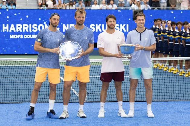 L R Finalists Kevin Krawietz, Tim Puetz, and winners Christian Harrison and Neil Skupski; Cup; Trophy; Men s Doubles; Award Ceremony; Presentation; U.S. Open Championships; Billie Jean King National Tennis Center; Flushing Meadows; New York; USA Copyright: xJuergenxHasenkopfx