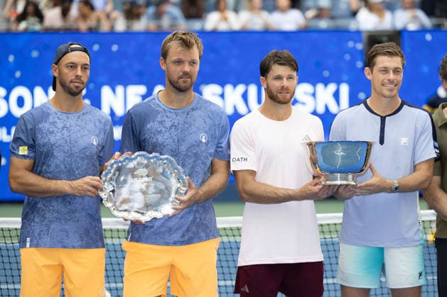L R Finalists Kevin Krawietz, Tim Puetz, and winners Christian Harrison and Neil Skupski; Cup; Trophy; Men s Doubles; Award Ceremony; Presentation; U.S. Open Championships; Billie Jean King National Tennis Center; Flushing Meadows; New York; USA Copyright: xJuergenxHasenkopfx