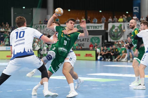 Handball, HBL2: SC DHfK Leipzig vs. VfL Lübeck Schwartau, September 12, 2026; Matej Klima 13; SC DHfK Leipzig under attack. Handball, 2nd Bundesliga, 2026–2027 season, Matchday 3: SC DHfK Leipzig vs. VfL Lübeck Schwartau on September 12, 2026, at the Quarterback Immobilien Arena Leipzig Copyright: xBEAUTIFULxSPORTS JanxKaeferx