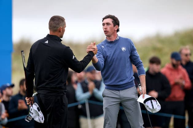 2026 Amgen Irish Open - Third Round, Trump International Golf Links, Doonbeg 12 9 2026 Tom Mckibbin and Rasmus Hojgaard shake hands after finishing their round on the eighteenth Tom Mckibbin and Rasmus Hojgaard shake hands after finishing their round on the eighteenth 12 9 2026  Copyright: xx BB3_8341