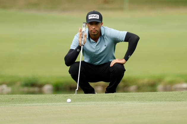 FRANKLIN, TN - SEPTEMBER 12: Alvaro Ortiz squats to read a putt on the No. 3 green during the third round of the Simmons Bank Open for the Snedeker Foundation, September 12, 2026, at Vanderbilt Legends Club in Franklin, Tennessee. (Photo by Matthew Maxey Icon Sportswire) GOLF: SEP 12 Korn Ferry Tour Simmons Bank Open EDITORIAL USE ONLY Icon260912031