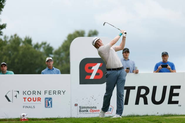 FRANKLIN, TN - SEPTEMBER 12: Sandy Scott watches his tee shot on No. 3 during the third round of the Simmons Bank Open for the Snedeker Foundation, September 12, 2026, at Vanderbilt Legends Club in Franklin, Tennessee. (Photo by Matthew Maxey Icon Sportswire) GOLF: SEP 12 Korn Ferry Tour Simmons Bank Open EDITORIAL USE ONLY Icon260912033