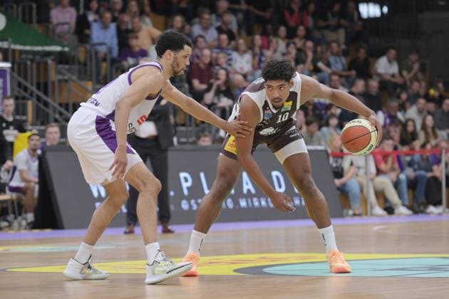 Kostja Mushidi, Syntainics MBC 10 points; Zach Jackson, BG Göttingen 21 points; GER, BG Göttingen vs. Syntainics MBC, BBL Basketball Cup, 1st Round, 2026–2027 Season, September 12, 2026 GER, BG Göttingen Syntainics MBC, Basketball BBL Cup, Round 1, 2026–2027 Season, September 12, 2026 Göttingen Copyright: xEibner-Pressefotox xRolandxSippelx EP_RSL