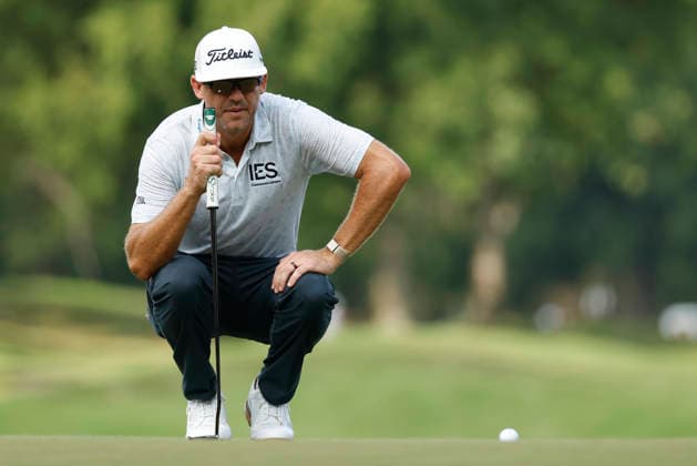 FRANKLIN, TN - SEPTEMBER 12: Lanto Griffin squats to read a putt on No. 7 during the third round of the Simmons Bank Open for the Snedeker Foundation, September 12, 2026, at Vanderbilt Legends Club in Franklin, Tennessee. (Photo by Matthew Maxey Icon Sportswire) GOLF: SEP 12 Korn Ferry Tour Simmons Bank Open EDITORIAL USE ONLY Icon260912040