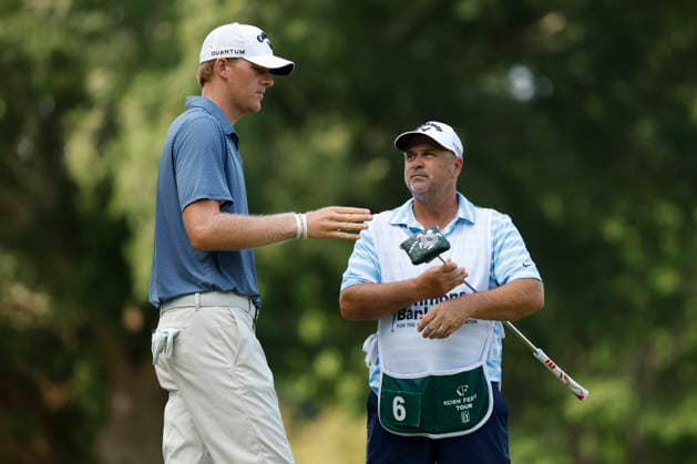 FRANKLIN, TN - SEPTEMBER 12: Tommy Morrison and his caddie discuss a putt on the No. 7 green during the third round of the Simmons Bank Open for the Snedeker Foundation, September 12, 2026, at Vanderbilt Legends Club in Franklin, Tennessee. (Photo by Matthew Maxey Icon Sportswire) GOLF: SEP 12 Korn Ferry Tour Simmons Bank Open EDITORIAL USE ONLY Icon260912042