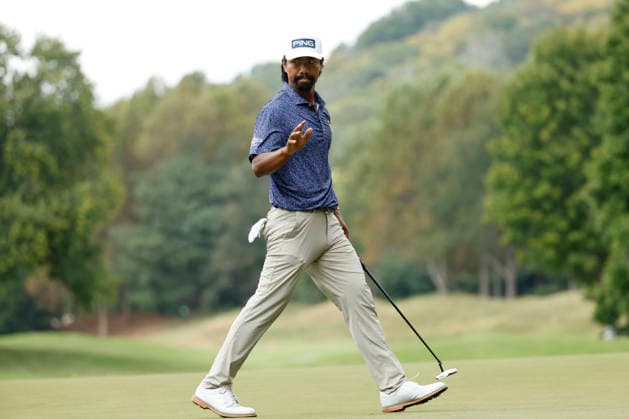 FRANKLIN, TN - SEPTEMBER 12: Phichaksn Maichon waves to the crowd after saving par on No. 7 during the third round of the Simmons Bank Open for the Snedeker Foundation, September 12, 2026, at Vanderbilt Legends Club in Franklin, Tennessee. (Photo by Matthew Maxey Icon Sportswire) GOLF: SEP 12 Korn Ferry Tour Simmons Bank Open EDITORIAL USE ONLY Icon260912049
