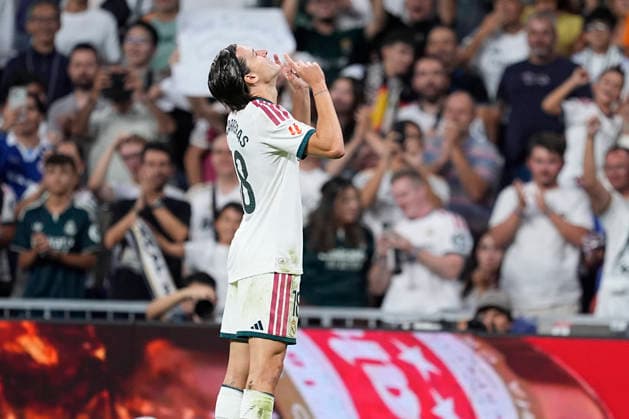 September 12, 2026, Madrid, Madrid, Spain: Alvaro Carreras of Real Madrid CF celebrates after scoring his team s second goal during the Spanish League, LaLiga EA Sports, football match played between Real Madrid and Rayo Vallecano at Bernabeu stadium on September 12, 2026, in Madrid, Spain. Real Madrid V Rayo Vallecano - LaLiga EA Sports  - ZUMAa181 20260912_zaa_a181_285 Copyright: xOscarxJ.xBarrosox