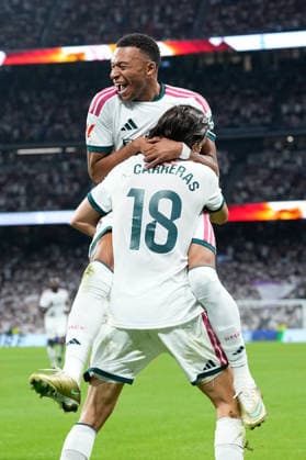 September 12, 2026, Madrid, Madrid, Spain: Alvaro Carreras of Real Madrid CF celebrates after scoring his team s second goal with teammate Kylian Mbappe of Real Madrid CF during the Spanish League, LaLiga EA Sports, football match played between Real Madrid and Rayo Vallecano at Bernabeu stadium on September 12, 2026, in Madrid, Spain. Real Madrid V Rayo Vallecano - LaLiga EA Sports  - ZUMAa181 20260912_zaa_a181_315 Copyright: xDennisxAgyemanx