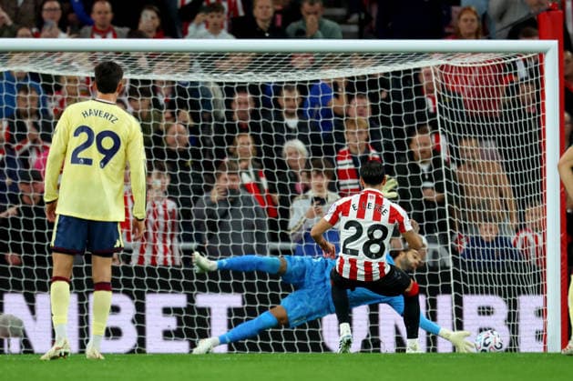 Sunderland v Arsenal FC - Premier League 2026 27 SUNDERLAND, ENGLAND - SEPTEMBER 12 David Raya, goalkeeper of Arsenal saves penalty from Enzo Le Fee of Sunderland during the Premier League 2026 27 match between Sunderland and Arsenal FC at Stadium of Light on September 12, 2026 in Sunderland, England. Sunderland Stadium of Light England United Kingdom Copyright: xAllstarxPicturexLibraryxLtdx