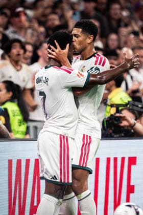 Real Madrid CF vs Rayo Vallecano - LaLiga EA Sports MADRID, SPAIN, SEPT 12: Jude Bellingham of Real Madrid CF celebrating after scoring his goal with Vinicius Junior of Real Madrid CF during the LaLiga EA Sports match between Real Madrid CF and Rayo Vallecano at Estadio Santiago Bernabeu on September 12, 2026 in Madrid, Spain. Copyright: xAlexxPerezx RealMadridRayoVallecano12091300