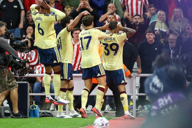 Stadium of Light SUNDERLAND, ENGLAND, SEPTEMBER 12: Bruno Guimarães of Arsenal FC celebrates scoring the opening goal during a Premier League 2026-27 Match between Sunderland AFC and Arsenal FC at the Stadium of Light on September 12, 2026 in Sunderland, England. (Photo by Zach Forster Sports Press Photo) (Zach Forster Sports Press Photo SPP)  Copyright: xZachxForster SportsxPressxPhotox xSPPx Sportspressphoto_SPR229223