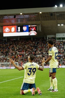 Sunderland v Arsenal, Premier League Bruno Guimaraes of Arsenal celebrates scoring his sides first goal of the match during the Sunderland v Arsenal Premier League match at the Stadium of Light, Sunderland, England on 12 September 2026 Credit: Craig Cowan Every Second Media Editorial use only. All images are copyright Every Second Media Limited. No images may be reproduced without prior permission. All rights reserved. Premier League and Football League images are subject to licensing agreements with Football DataCo Limited. see https: www.football-dataco.com Copyright: xIMAGO EveryxSecondxMediax ESM-2157-0077 CraigxCowanx xEveryxSecondxMediax