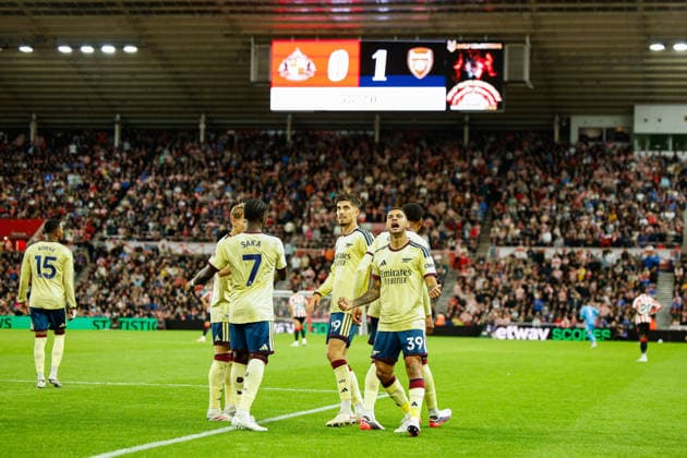 Sunderland v Arsenal, Premier League Bruno Guimaraes of Arsenal celebrates scoring his sides first goal of the match 0-1 during the Sunderland v Arsenal Premier League match at the Stadium of Light, Sunderland, England on 12 September 2026 Credit: Craig Cowan Every Second Media Editorial use only. All images are copyright Every Second Media Limited. No images may be reproduced without prior permission. All rights reserved. Premier League and Football League images are subject to licensing agreements with Football DataCo Limited. see https: www.football-dataco.com Copyright: xIMAGO EveryxSecondxMediax ESM-2157-0081 CraigxCowanx xEveryxSecondxMediax